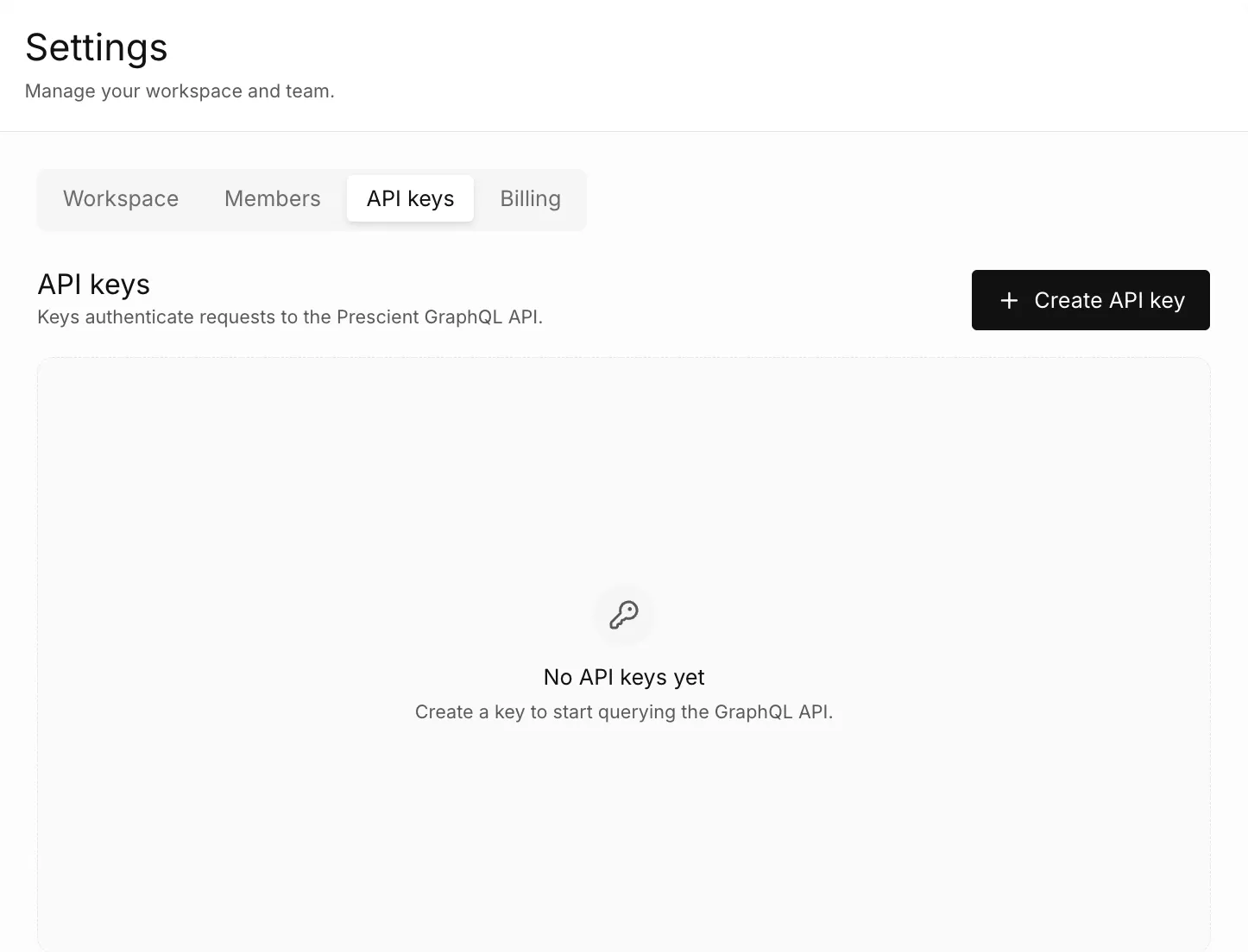 The API keys tab with the message No API keys yet and the Create API key button.