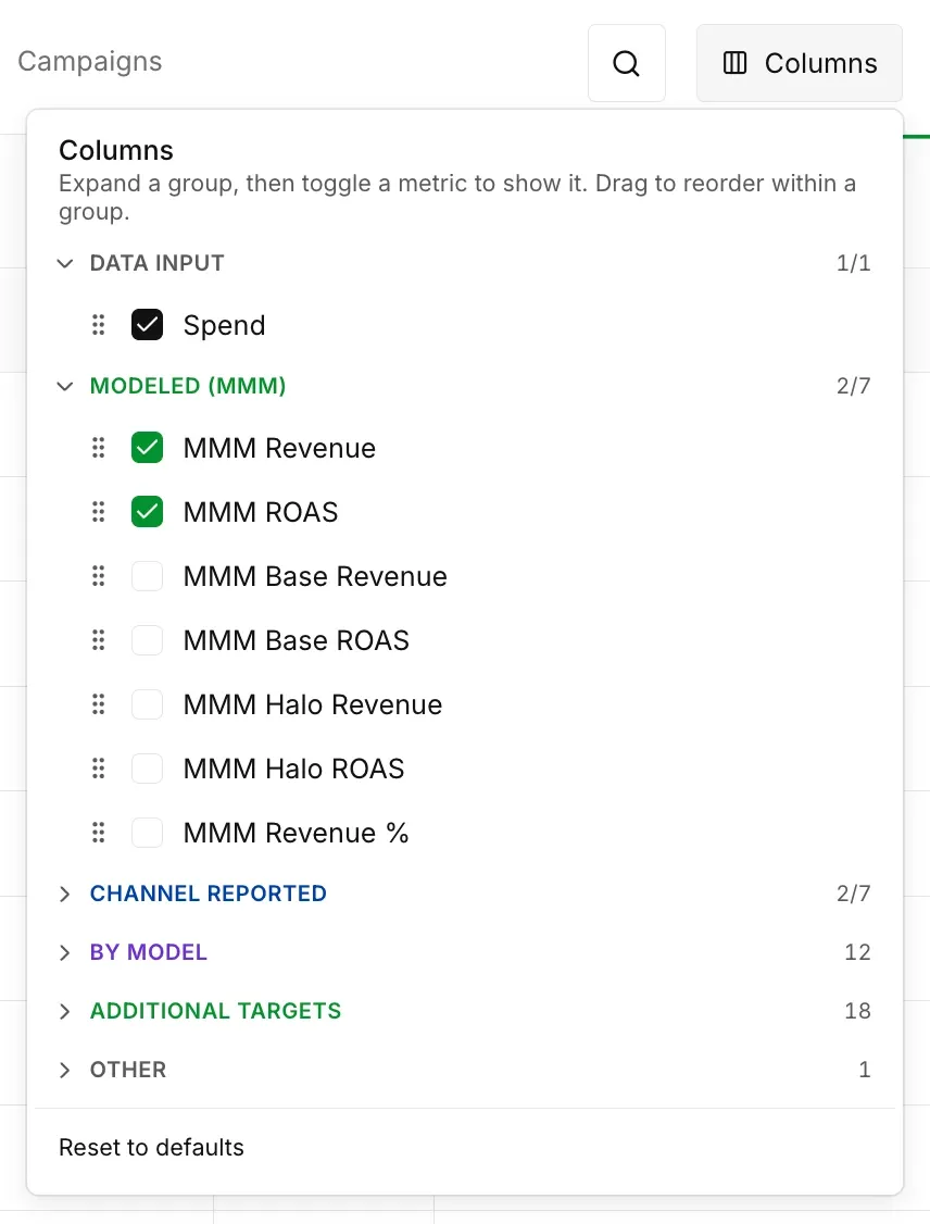 The Columns menu, with the Data input and Modeled (MMM) groups open, four closed groups, and Reset to defaults