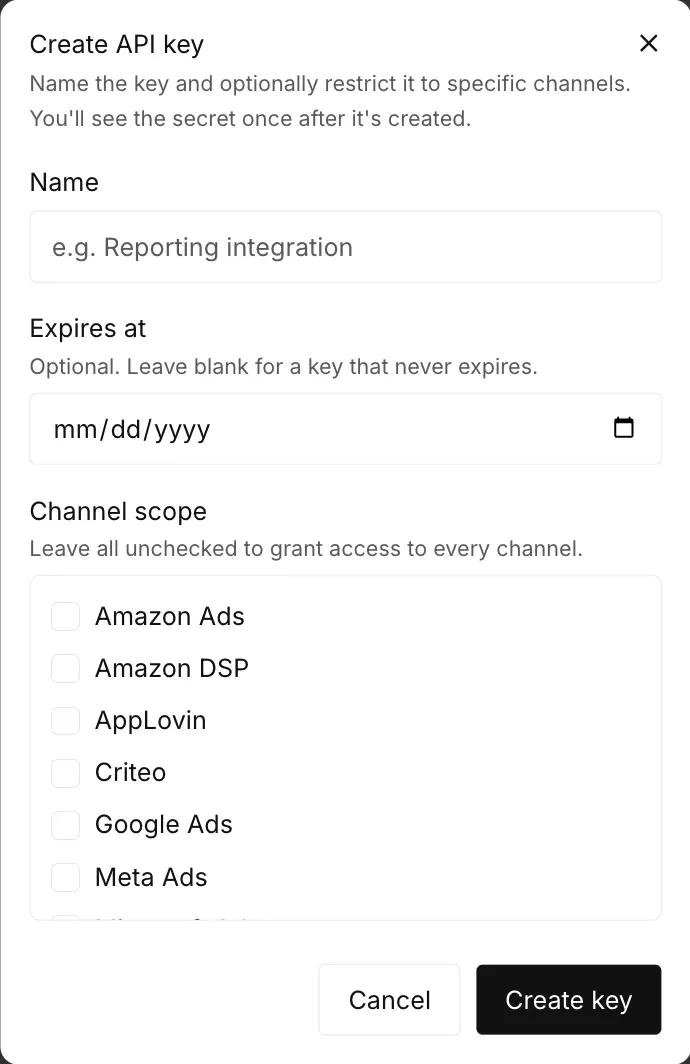 The Create API key dialog with the fields Name and Expires at and a list of channels for the scope.