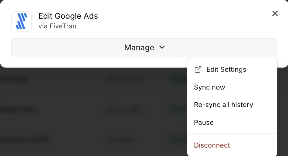 The Edit dialog of a channel with the Manage menu: Edit Settings, Sync now, Re-sync all history, Pause, and Disconnect.