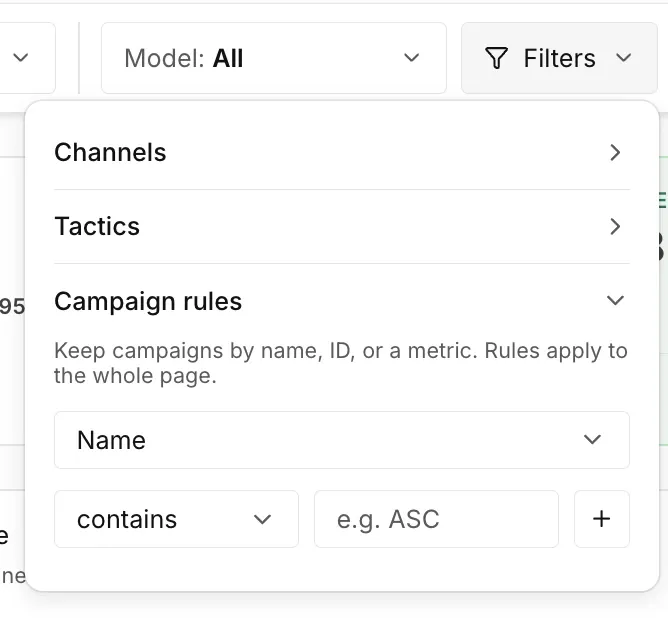 The Filters menu, with the Channels and Tactics sections closed and the Campaign rules section open