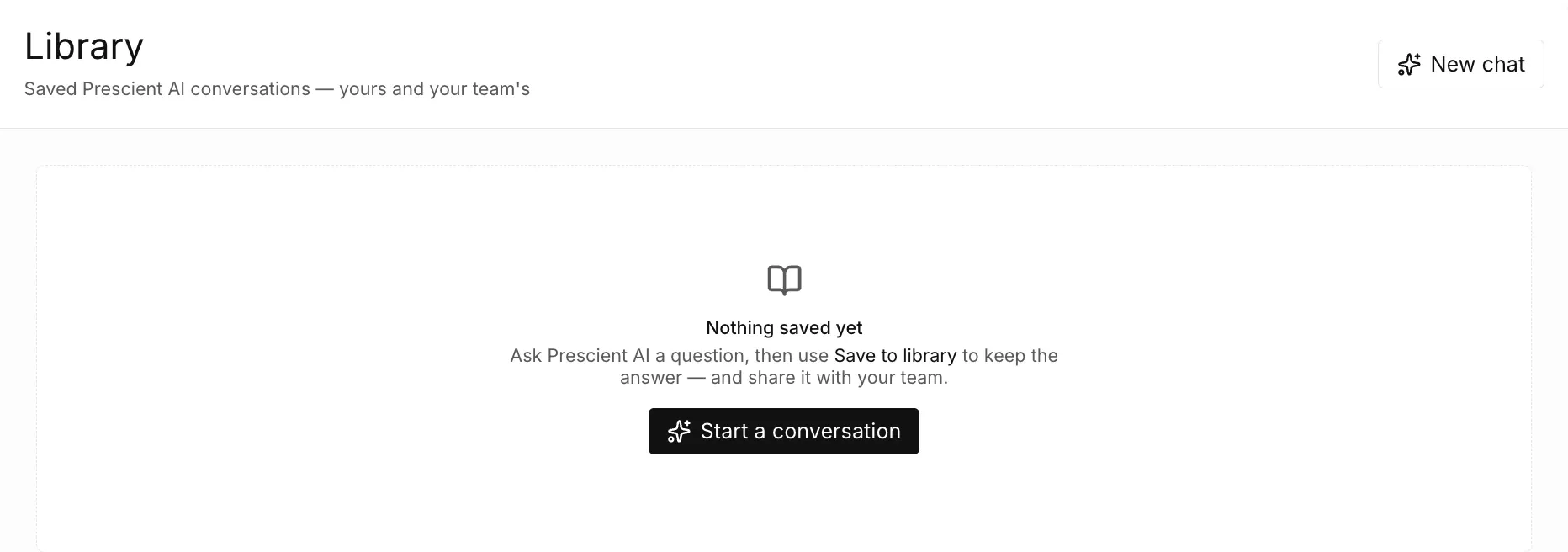 The Library page with the message Nothing saved yet and the Start a conversation button.