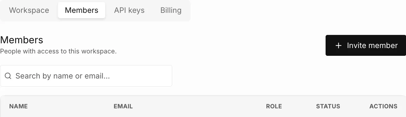 The Members tab with the Invite member button, a search box, and the columns Name, Email, Role, Status, and Actions.