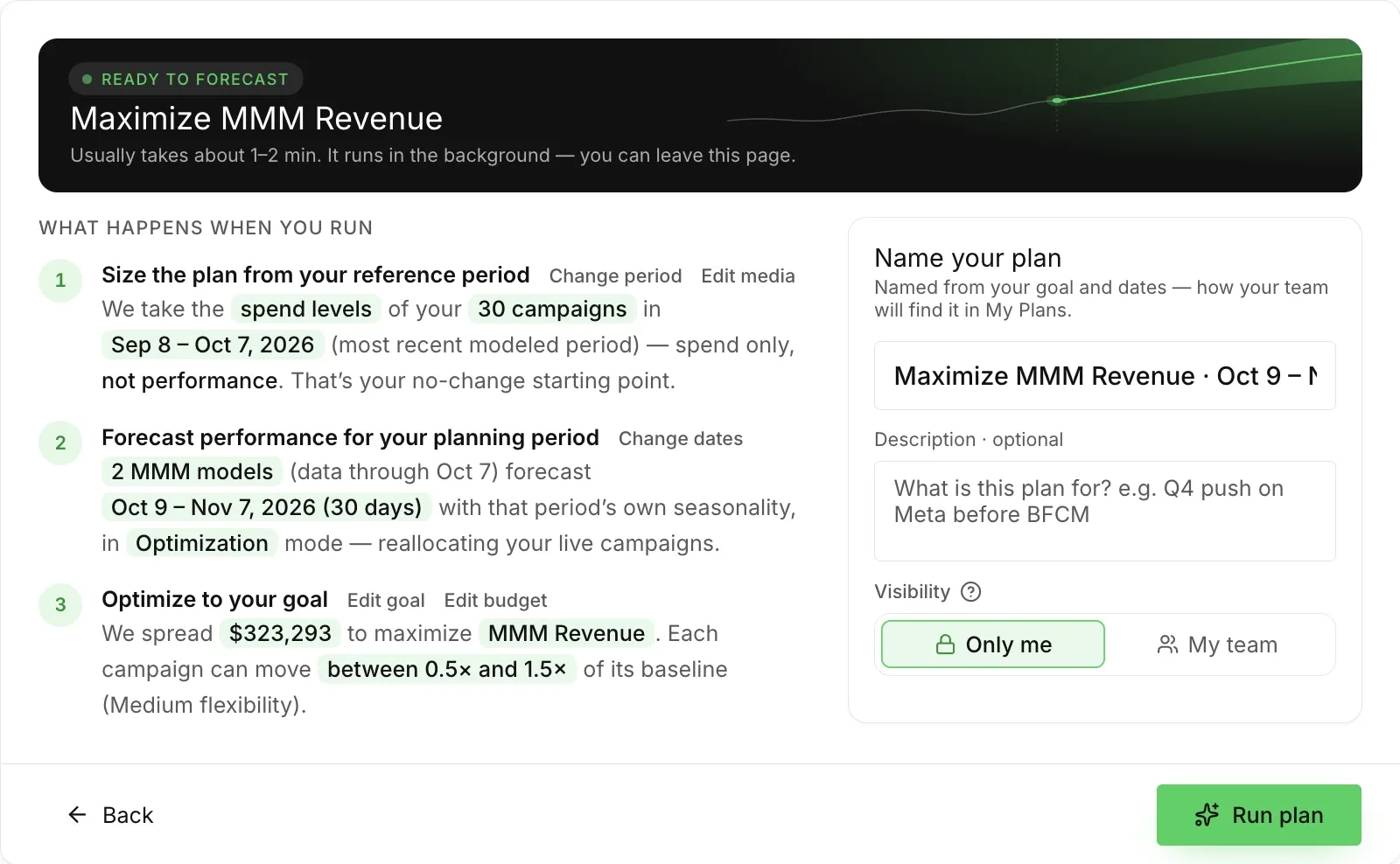 The Review & run step, with the status at the top, the three stages of a run, the plan name, Visibility, and the Run plan button