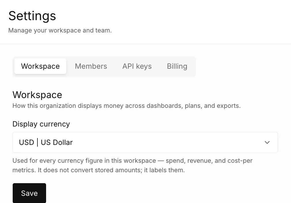 The Settings page on the Workspace tab with the Display currency selector set to USD.